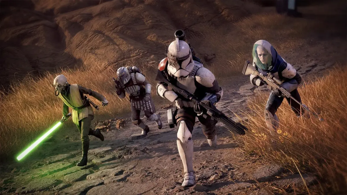 Four sci-fi soldiers run through a rocky field
