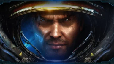 Sweaty astronaut stares intensely through a futuristic helmet visor.