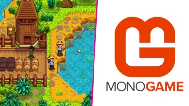 Pixel farm scene beside Monogame logo