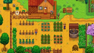 Colorful pixelated farm with crops and farmhouse.