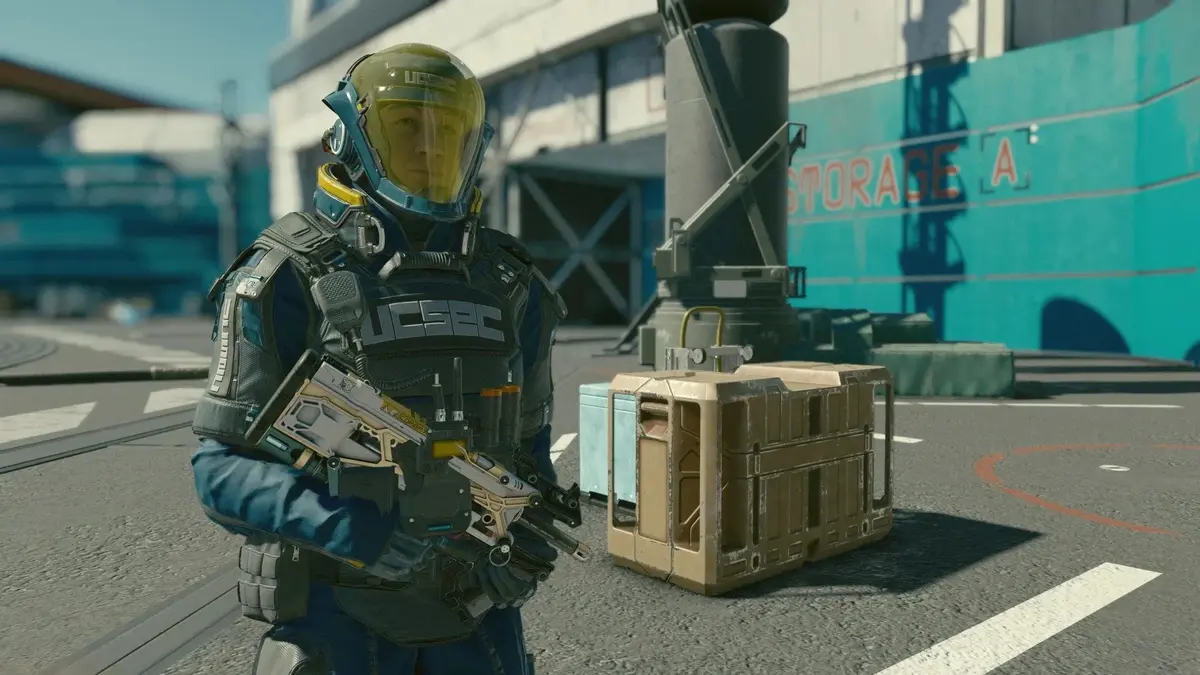 Armored sci-fi soldier stands beside cargo crate outdoors