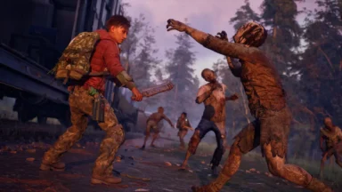 Survivor fights zombies near train at dusk