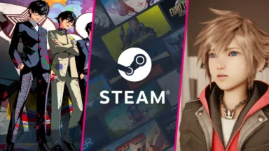 Persona characters and Final Fantasy hero flank Steam logo