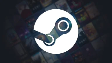 Steam logo on blurred game covers background