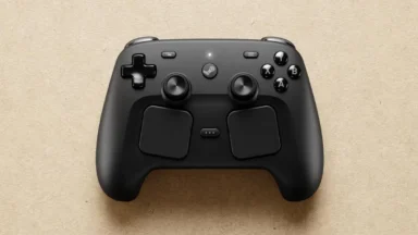 Black gaming controller on beige background