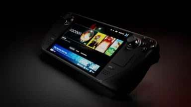 Handheld gaming console displaying game library screen