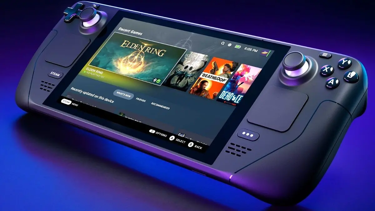 Steam Deck handheld gaming console displaying game library