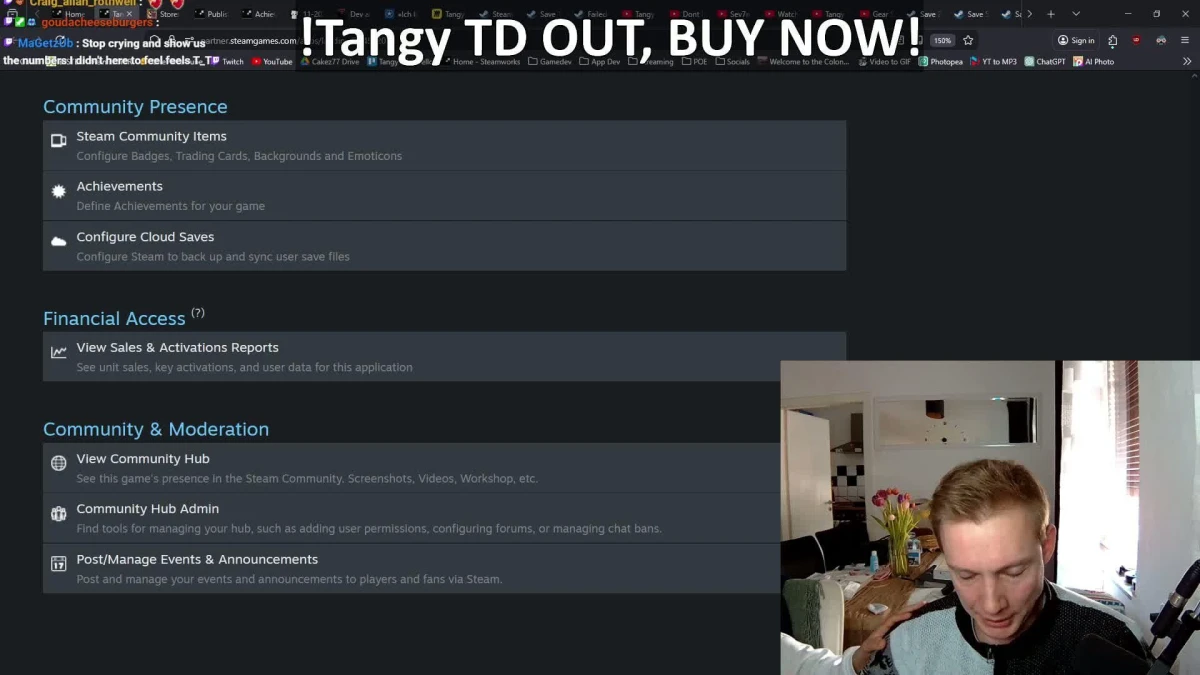 Steam dashboard with promotional banner and webcam overlay
