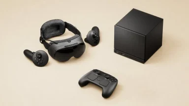 Black VR headset with controllers and console