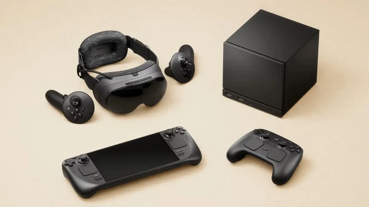 Black gaming console with VR headset and controllers