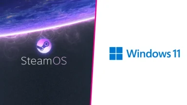 SteamOS and Windows 11 logos side by side.