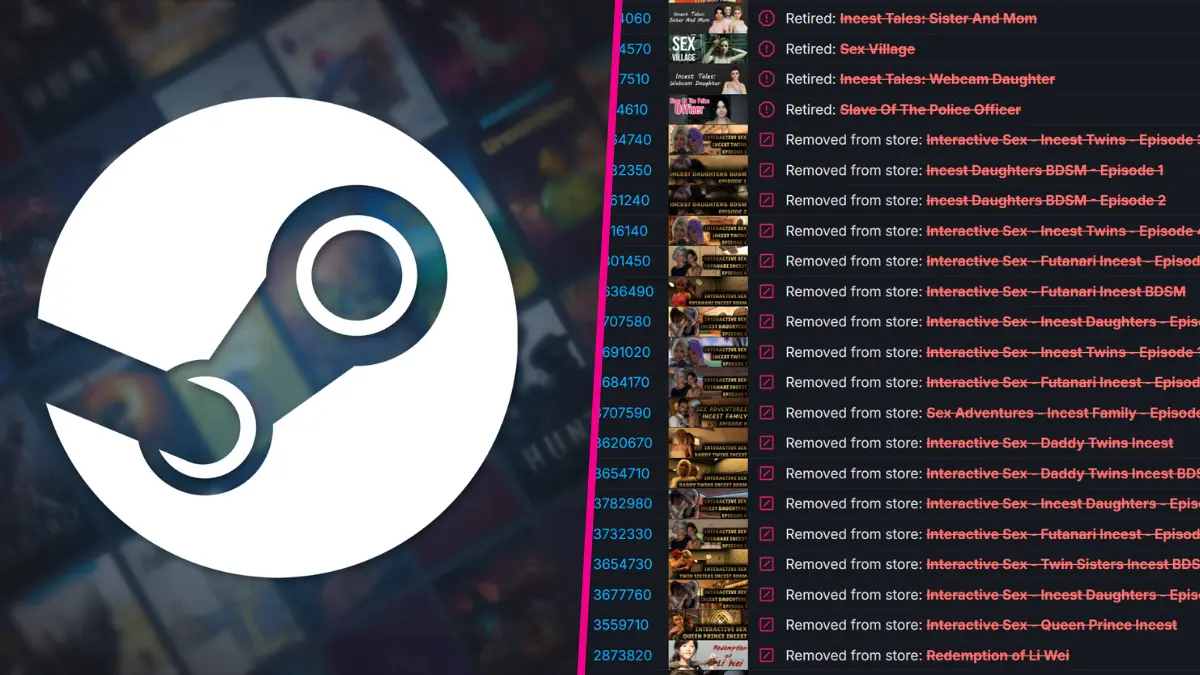 Steam logo with list of removed games.