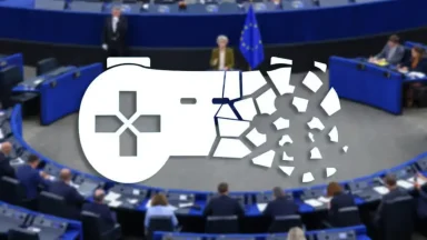 Game controller overlay in European Parliament session.