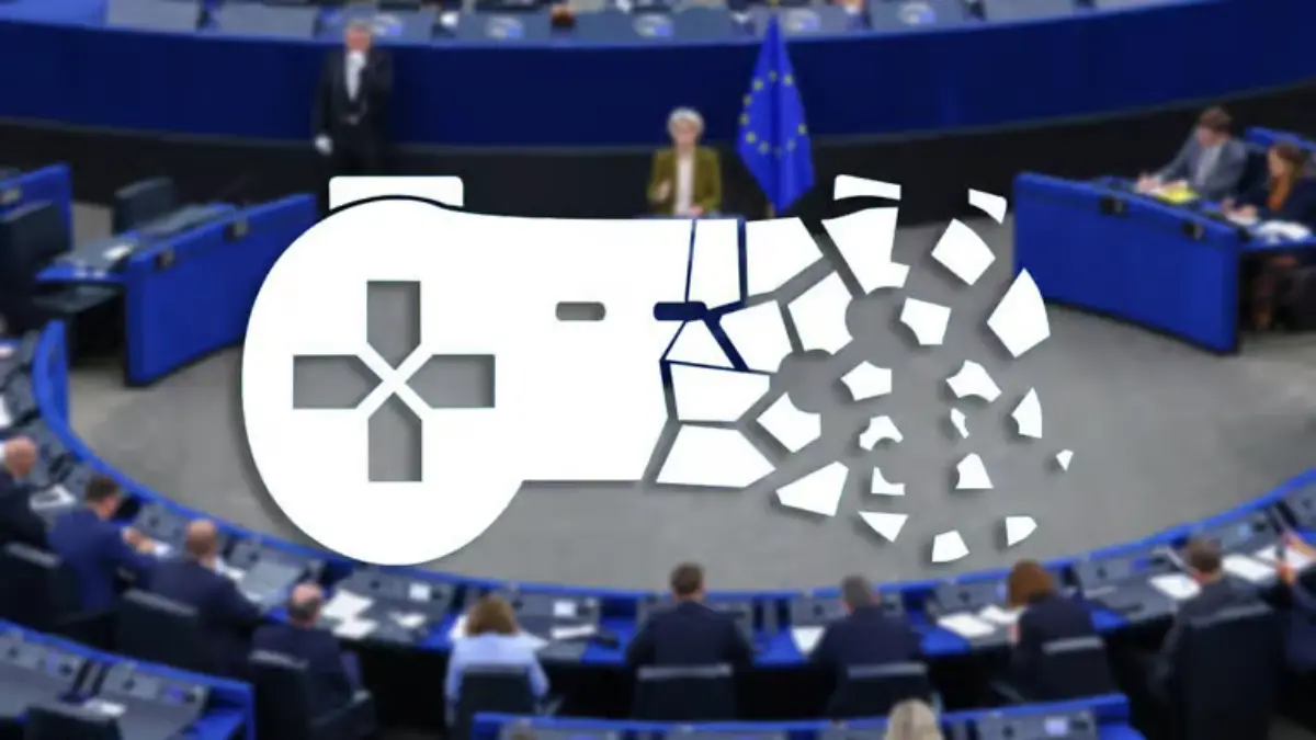 Game controller overlay in European Parliament session.