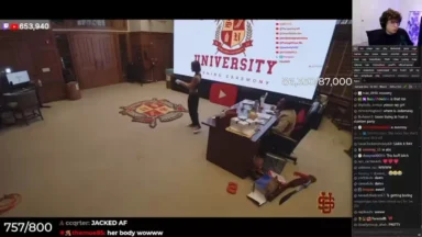 Livestreamed university-themed set with presenter and desk