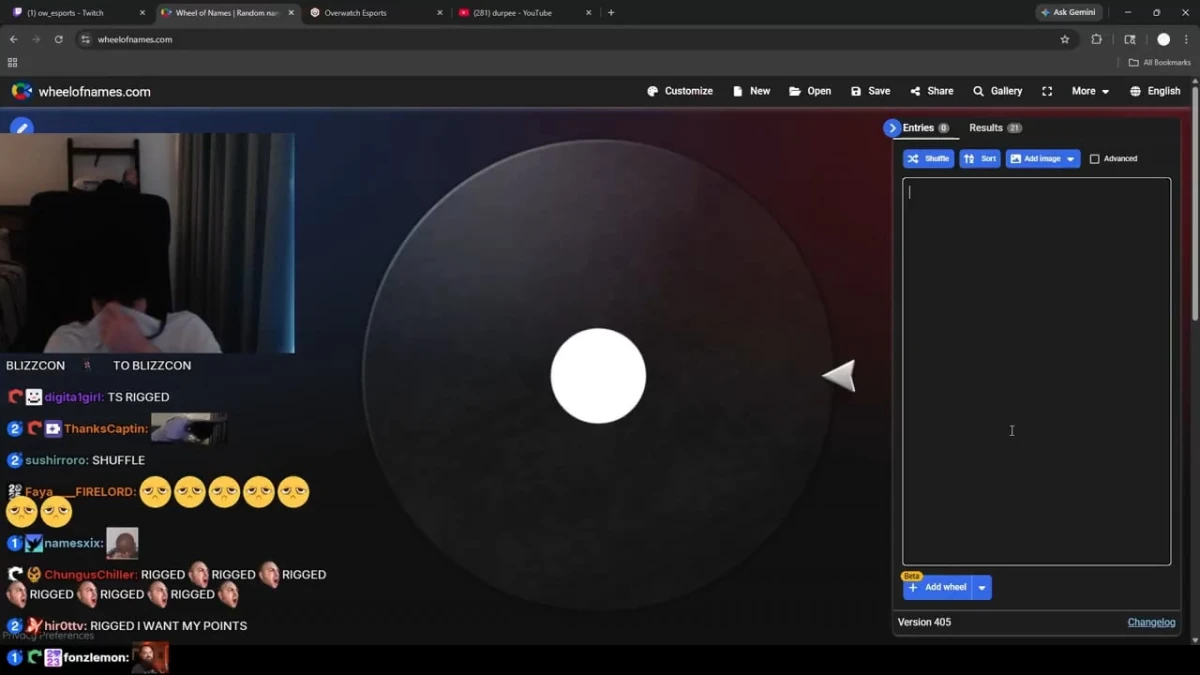 Livestream screen showing Wheel of Names spinner