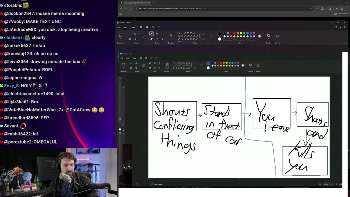 Streamer drawing humorous flowchart in Microsoft Paint.