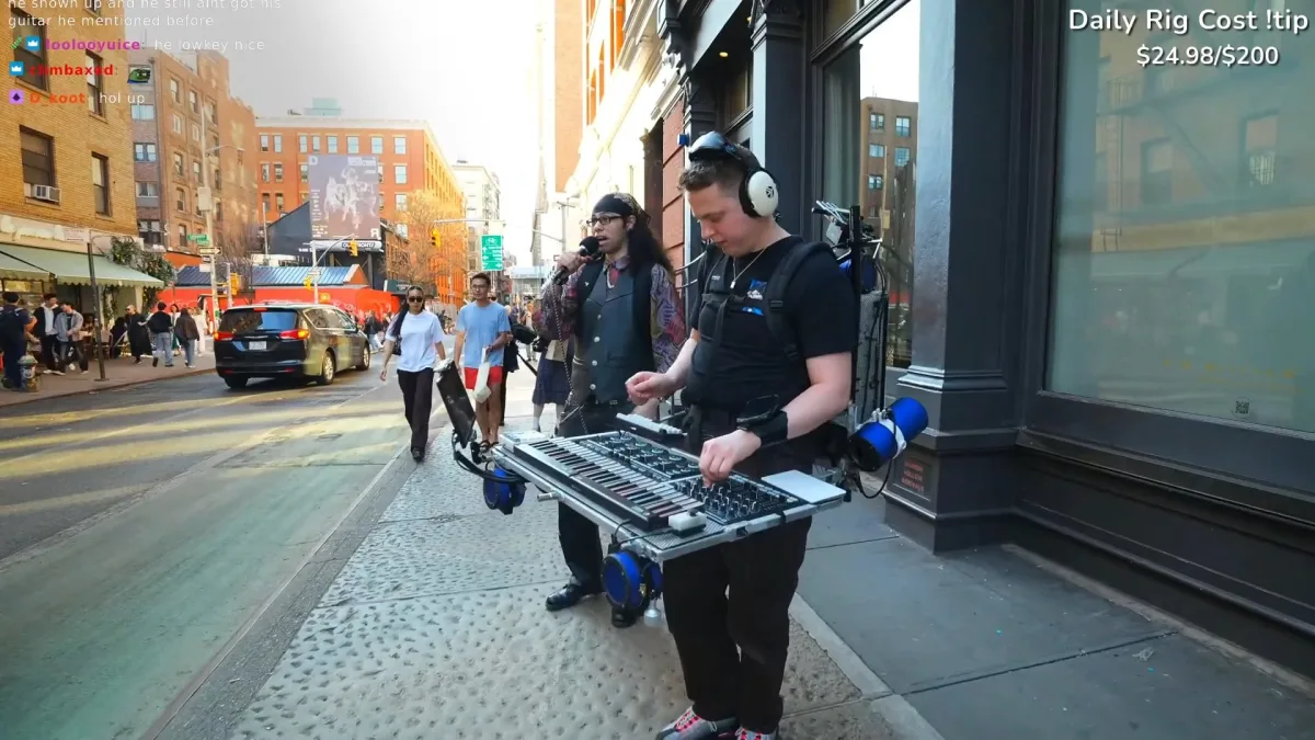 Street musicians performing with portable keyboard and microphone