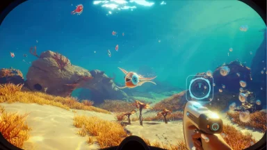 Underwater exploration with submersible and colorful creatures.