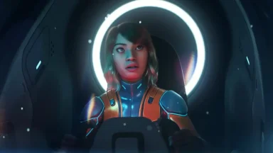 Animated astronaut in spaceship cockpit with glowing background.