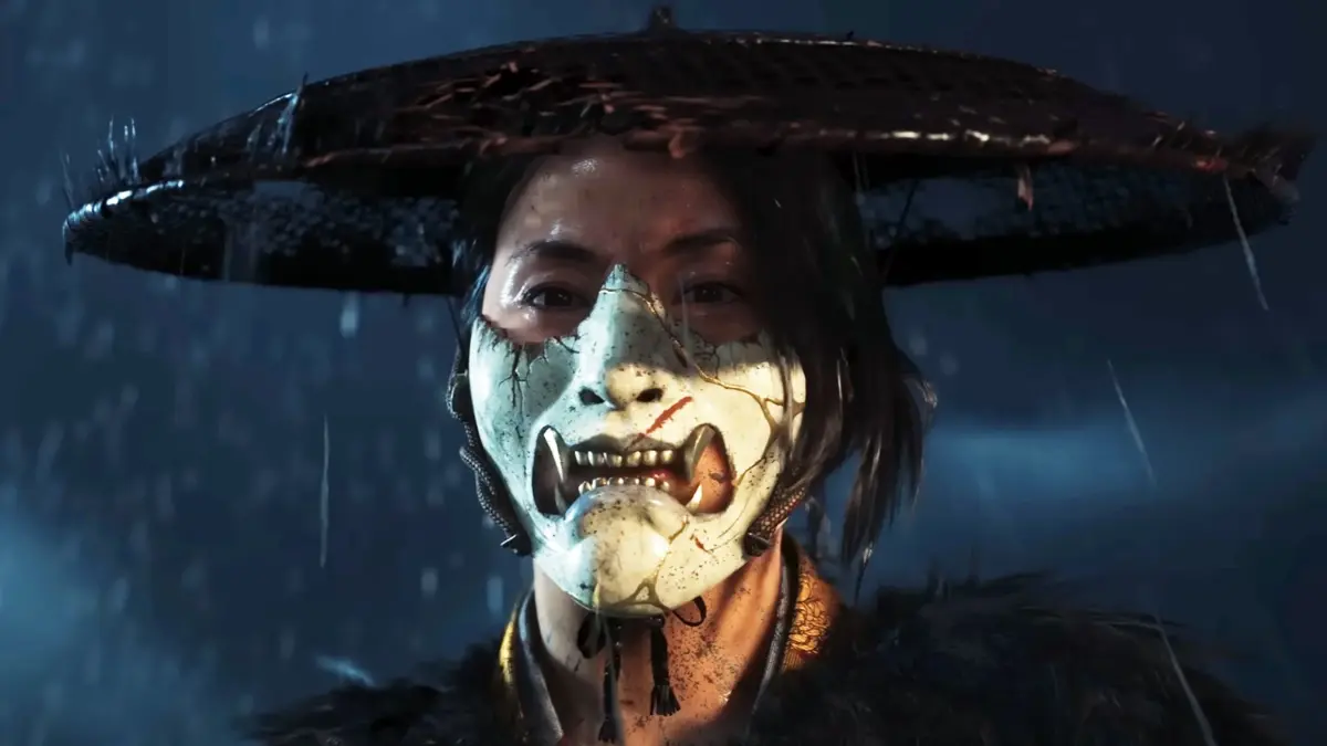 Samurai warrior wearing demon mask in the rain