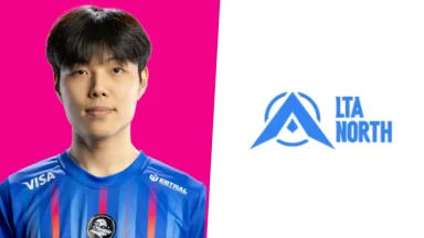 Esports player beside LLA North logo