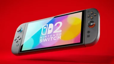 Nintendo Switch 2 handheld gaming console on red background