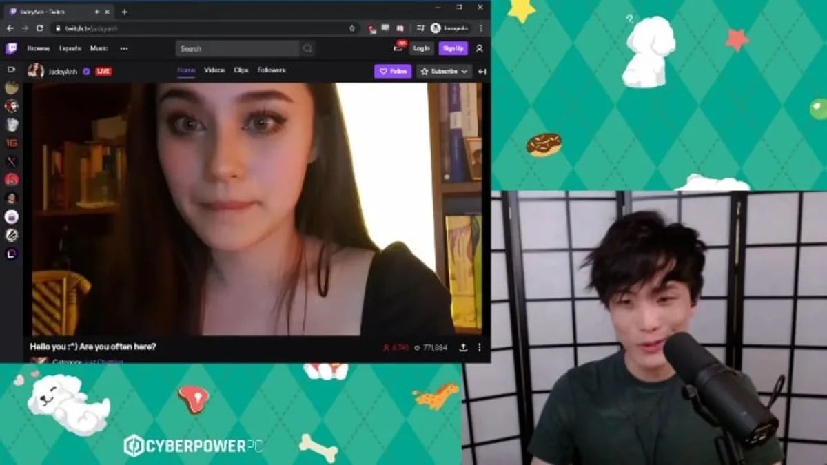 Split-screen Twitch stream and commentator with microphone