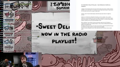 Livestream screen with game, chat, and document