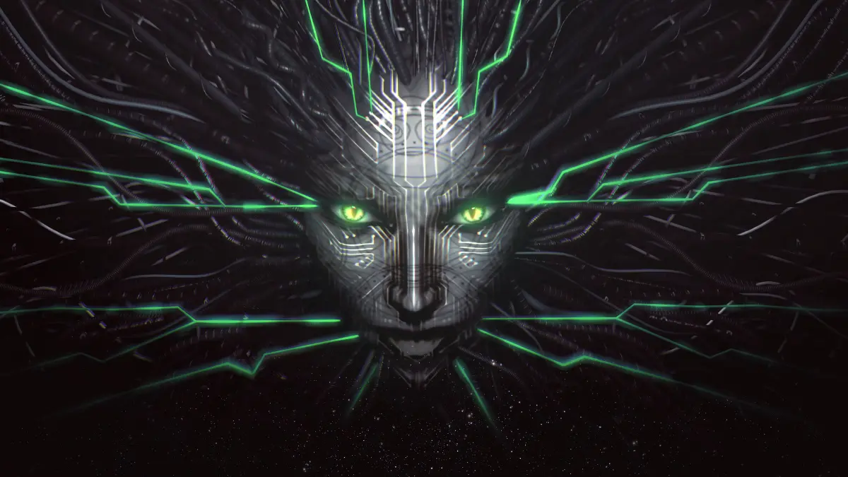 Futuristic AI face with glowing green eyes