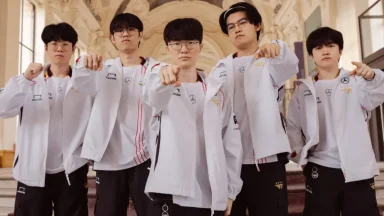 Esports team poses in white uniforms confidently.