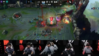 League of Legends match with players on stage