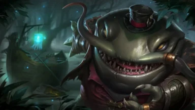 Top-hatted shark-like creature in misty swamp