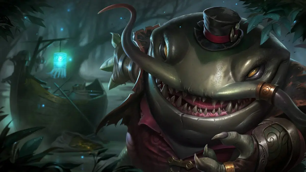 Top-hatted shark-like creature in misty swamp