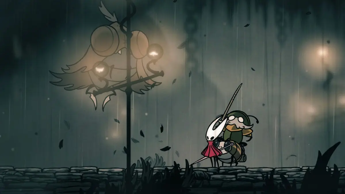 Hollow Knight character holding child in rainy scene