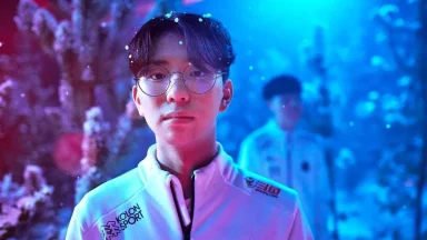 Esports player in white jacket with blue lighting