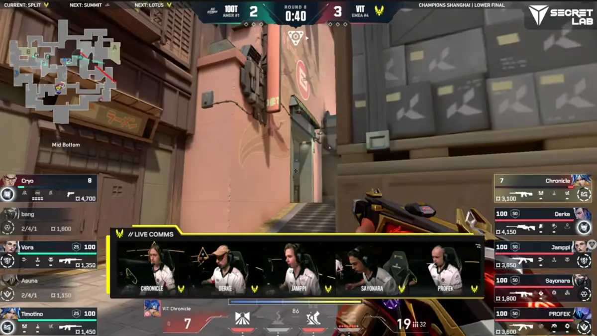 Valorant Champions match broadcast showing 100 Thieves versus VIT