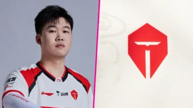 Esports player beside red team logo