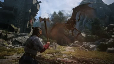 Warrior confronts skeletal winged monster in snowy mountain village