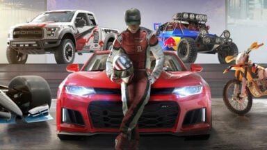 Race driver leaning on red sports car