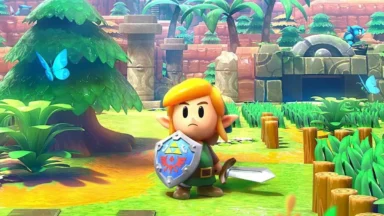 Link stands in a vibrant forest with sword and shield.