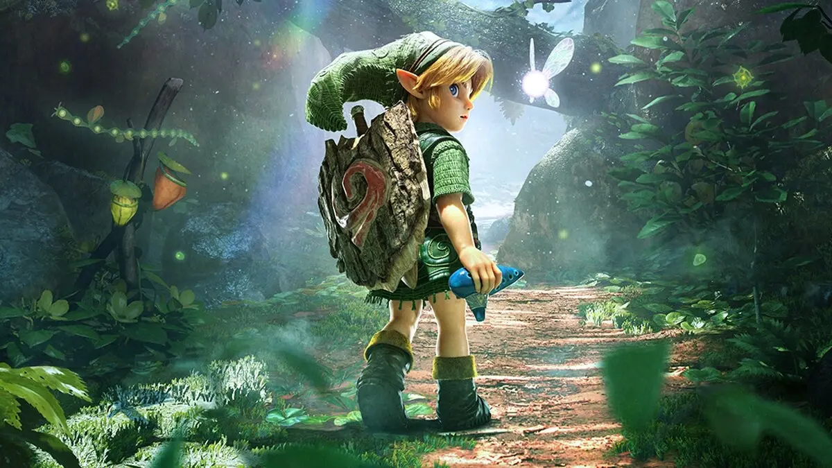 Link walks through a forest with Navi glowing nearby.