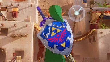 Link holds Hylian Shield in a desert village