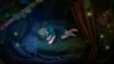Animated child sleeping in tree hollow with fireflies