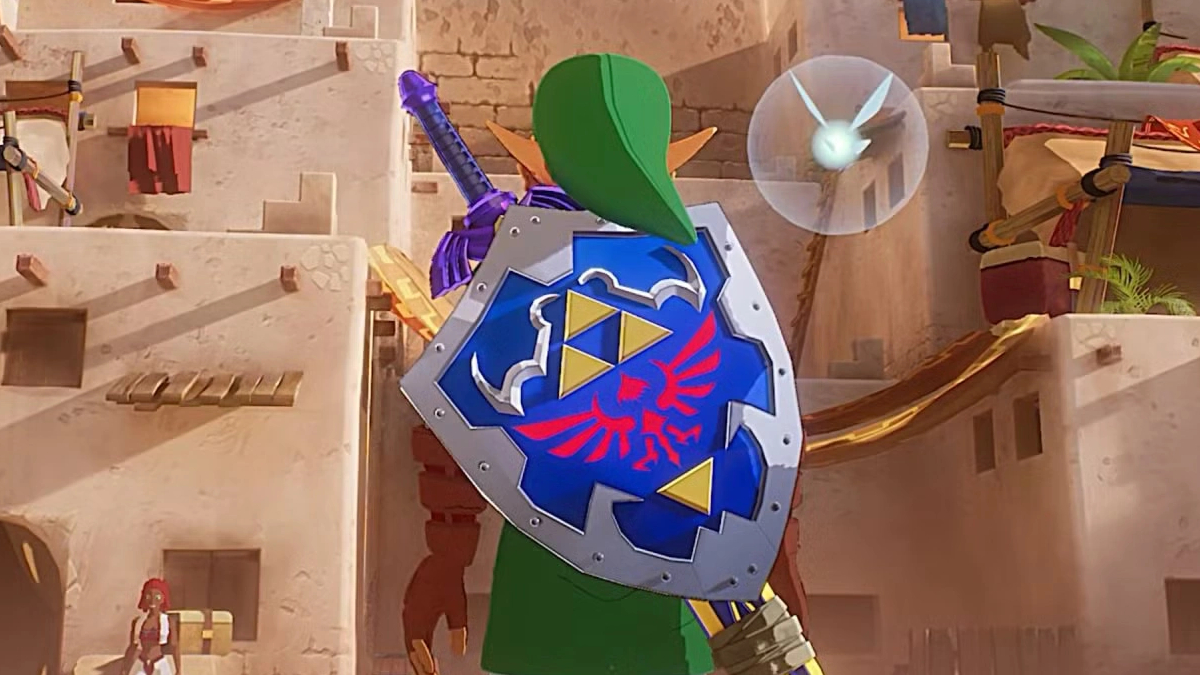Link holds Hylian Shield in a desert village