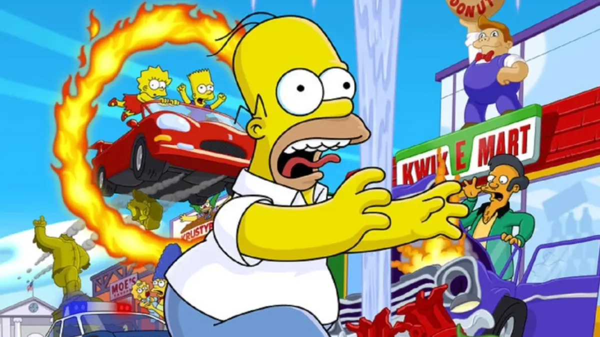 Homer Simpson flees chaos outside Kwik-E-Mart