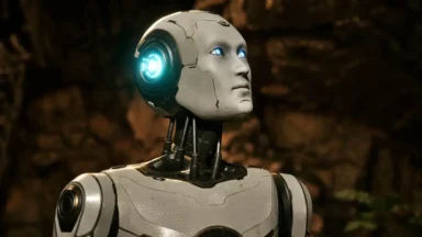 Humanoid robot with glowing blue eyes and ear light
