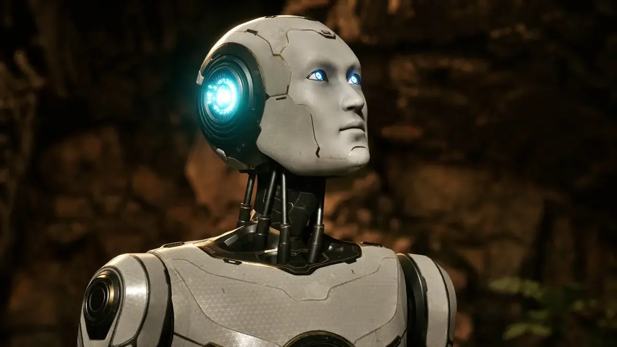 Humanoid robot with glowing blue eyes and ear light