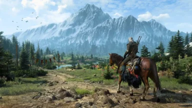 Armored rider on horseback overlooks snowy mountain valley