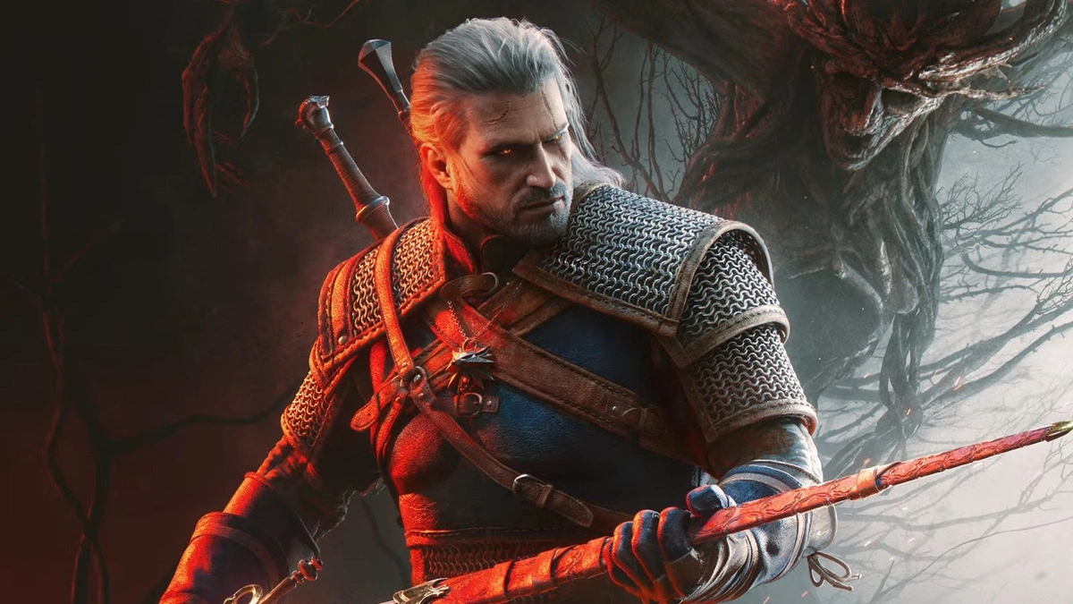 White-haired armored monster hunter holding a bloodied sword